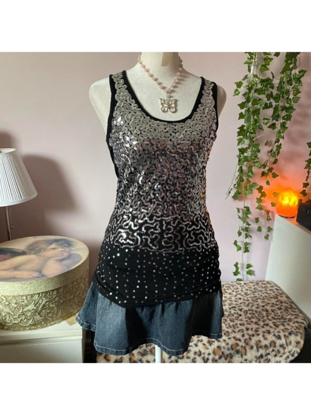 Y2K black sequin tank top